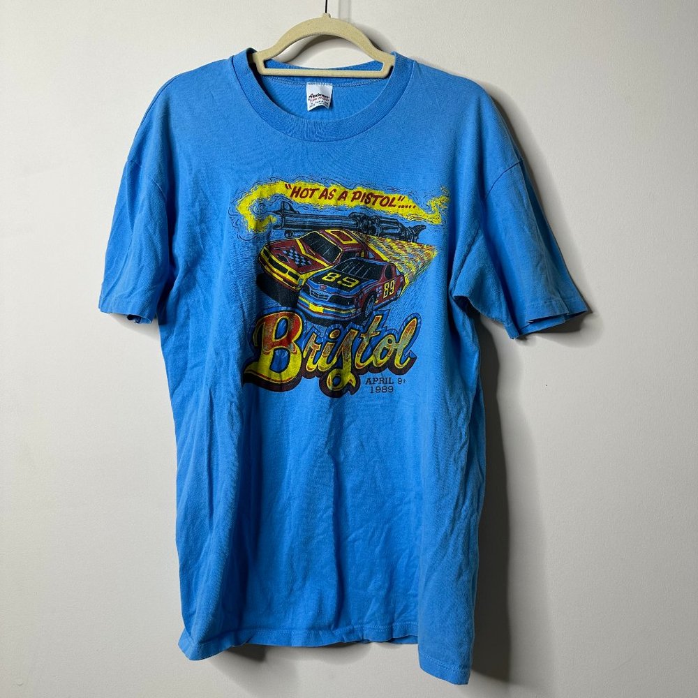 Vintage Deadstock Blue 'Hot As A Pistol' April 9, 1989 Bristol Race Shirt XL